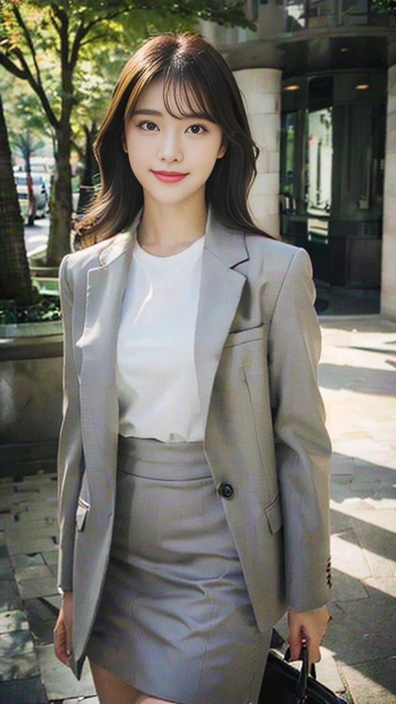 ((Highest quality、high resolution、High resolution、masterpiece、8K))、One Woman、21-year-old woman、Japanese women、Pretty woman、(Photograph the whole body:1.3)、Woman standing in winter park、Urban park、Sunny day in Paris、(Wearing a light grey business suit、tight design skirt、High heels、Simple Fashion)、Perfect proportions、Slim figure、8-life proportions、Detailed face、Beautiful eyes、Natural Makeup、A ruddy complexion、Look here with a smile、Brown medium long hair、Loose wavy hairstyle、((Canon EOS 5D Mark 4とSIGMA Art Lens 85mm F1.4 Shot with DG HSM lens、F-stop 2.4、iso 200、Shutter Speed 2000))、Angle from the front、RAW Photos、Clear photos、Professional Lighting、Height: 165cm