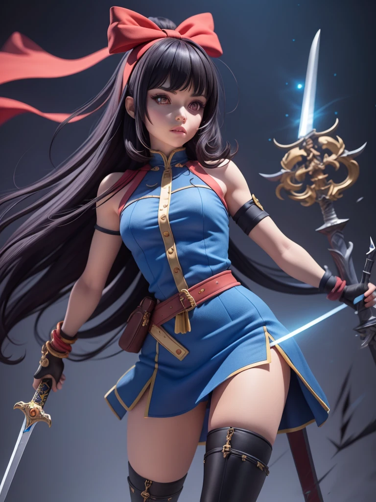 female mascot, small, , Ray-tracing, Waist slender, small, with ancient clothes, detailed, Russian robes, warm clothing, hot pants e botas, with sword in hand, futuristic gun pointing left, pose to the left, detailed doom style sword, large sword with different colors, futuristic sword, cintura small, complex light, cyberpunk sword in hand, sock with horizontal stripes in two colors up to the thigh, complex light, wool, pants with many folds, exclusive gloves, dynamic position, dark look, dark look, giant sword in hand, attacking, belts around the waist, detailed hem, giant laser sword, dark look, shorts, Darkening, Eyes red, Traits I didn't bring, prints, big thorns bracelet, shorth hair, Power spells,High subsurface, High subsurface, occlusion environment, ((dark look)), dark look, black costumes, shorth hair, big gloves, Bodysuit, (tied hair), hair divided into two, full-body vision, hair tied with ribbons and large bows, joelheiras detailed, ((blackquality hair)), ((blue short dress with stylish rip at the waist)),mortal kombat, detailed top, shoulder pads rich in details, Thigh-high boots, hair divided into two, stamped, red details,((sexy)),(((peitões))),(((super sensual)))