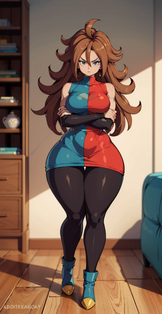 android 21, cups, pose lateral, She is sideways to the spectator, long brown hair, blue colored eyes, plaid dress, pantyhose, looking to the side, pose lateral, standing, ele está standing, serious, legs spread open, livingroom, light bulb, high qualiy, work of art, legs thick, big-ass, body healed,