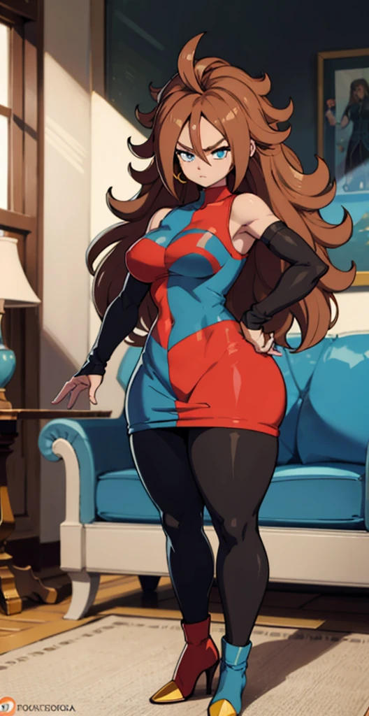 android 21, cups, pose lateral, She is sideways to the spectator, long brown hair, blue colored eyes, plaid dress, pantyhose, looking to the side, pose lateral, standing, ele está standing, serious, legs spread open, livingroom, light bulb, high qualiy, work of art, legs thick, big-ass, body healed,