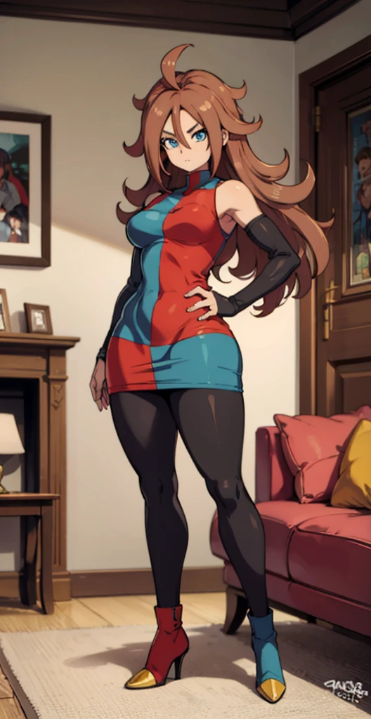 android 21, cups, pose lateral, She is sideways to the spectator, long brown hair, blue colored eyes, plaid dress, pantyhose, looking to the side, pose lateral, standing, ele está standing, serious, legs spread open, livingroom, light bulb, high qualiy, work of art, legs thick, big-ass, body healed,