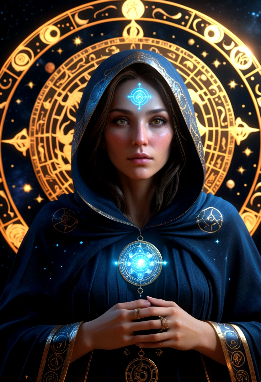 an astrologer female, perfect body, unseen face, hidden face in the dark, mystical cloak with zodiac images, luminescent zodiac circle surrounded, mythical zodiac creatures around, darkness atmosphere, photorealistic, epic realism, unreal engine, digitally enhanced, super detailed, high resolution, UHD, 8k