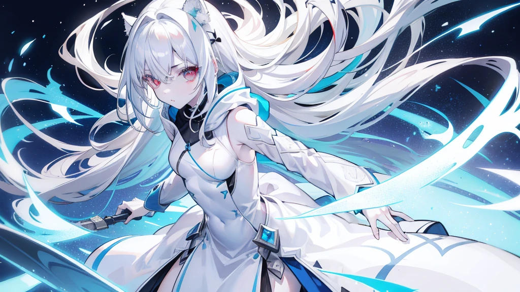 Pale skin, White hair, Blue hoodie, Tails, Solo,{{Best quality}}, {{Masterpiece}}, {{Ultra-detailed}}, {illustration}, {Detailed light}, Red eyes,Long hair，thin dress.