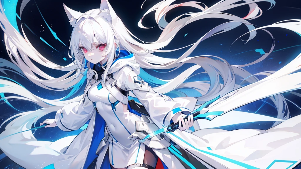 Pale skin, White hair, Blue hoodie, Tails, Solo,{{Best quality}}, {{Masterpiece}}, {{Ultra-detailed}}, {illustration}, {Detailed light}, Red eyes,Long hair，thin dress.