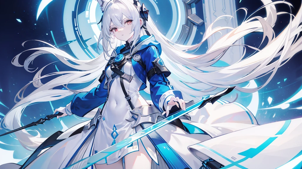 Pale skin, White hair, Blue hoodie, Tails, Solo,{{Best quality}}, {{Masterpiece}}, {{Ultra-detailed}}, {illustration}, {Detailed light}, Red eyes,Long hair，thin dress.