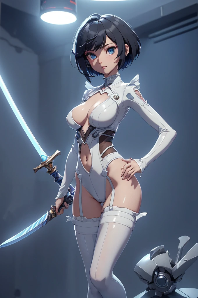 Mini Ghost in the Shell, (Ghost in the Shell), solo, ray tracing, 3D style, 3DMM, ((oses per photo)), ((oses ouch cada foto)), fully body,(Front view),(Costas Issue), (Emist on the left), show flat belly, (((oses per photo))),(very big breastsperfect ass, perfect and symmetrical eyes, (perfect handuturistic sword in hand)), ((short hair)),((Open wizard clothes)),white clothing with textured edges, skin fair, luouchas detalhadas, White thigh-high tights with trim, ouchestido aberto ouch "ouch", Waist slender, big legs, low water, Show legs to the top of the waist, (broken fabric falling over the legs),((open top)),ultra realistic skin, realistic human eyes,ultra realistic skin,((striped shirt)),super sensual suit, colorfully,top with ruffles,(pubis with a lot of volume),(extremely sensual),(very sensual),(((very detailed high level lighting))),(((raytracing))),(((couchstic effect))),(((bodysuit open to the waist)))