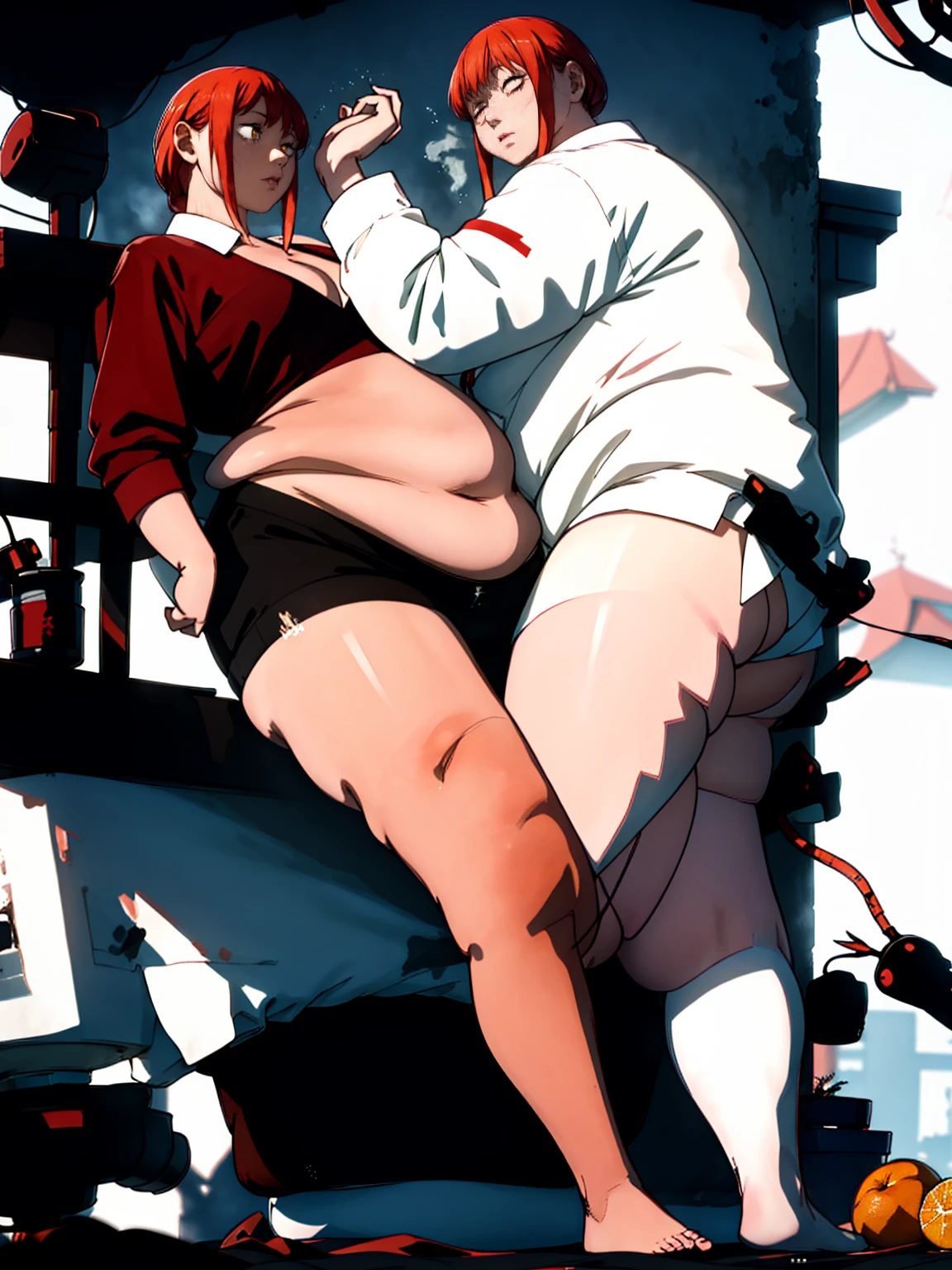 Le personnage Makima de la série animée Chainsaw Man, fragile, obésité morbide, ssbbw, pleine longueur (corps entier 1.1.), fond sombre, obscurité, anatomie correcte 1.1, anatomie correcte de la main, Très féminin, corps gras et rond, grosses Jambes, fesses, beau corps obèse, ventre rond et mou très gras, cheveux roux, Yeux oranges, Cercles rouges pour les écoliers, chemise blanche, jupe noire, cravate noire, pose , réaliste, very détaillé, beau corps, détaillé body, détaillé hands, détaillé, vibrant, détaillé Face, Conception des personnages de Makima. very détaillé, détaillé body, détaillé hands, détaillé Face, Art animé, Hugh Détails, Visage très abattu, détaillé eyes, Illustration ultra fine, Meilleure ombre, détail fin, beautiful détaillé glow, beautiful détaillé, Extraordinairement beau, extremely détaillé, inexpressif, composition épique, Style animé. art animé, Style animé. Jupe noire, chemise blanche, cravatte, pose sexyuble menton, visage très gras, grosses joues, joues potelées