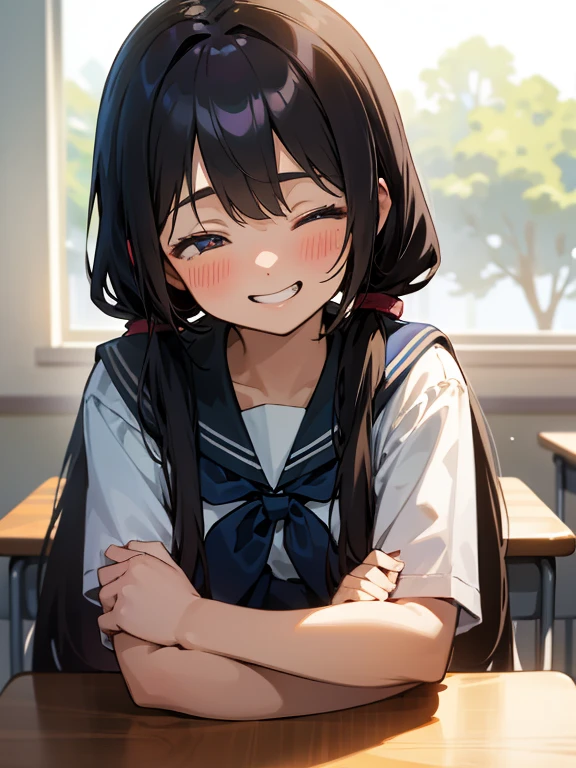 1girl, sitting, (looking down), incline head forward, (simile), (giggling:1.4), closed eyes,,
classroom, indoors, school chair, school desk,
(low twintails), low pigtails, black hair, very long hair,
serafuku with blue ribbon, navy-blue collar,
(dark brown eye),
school,
afternoon, summer,
from front, upper body,
anime, high brightness, detailed face, detailed eyes,
(high quality, ultra detailed, masterpiece, FHD)