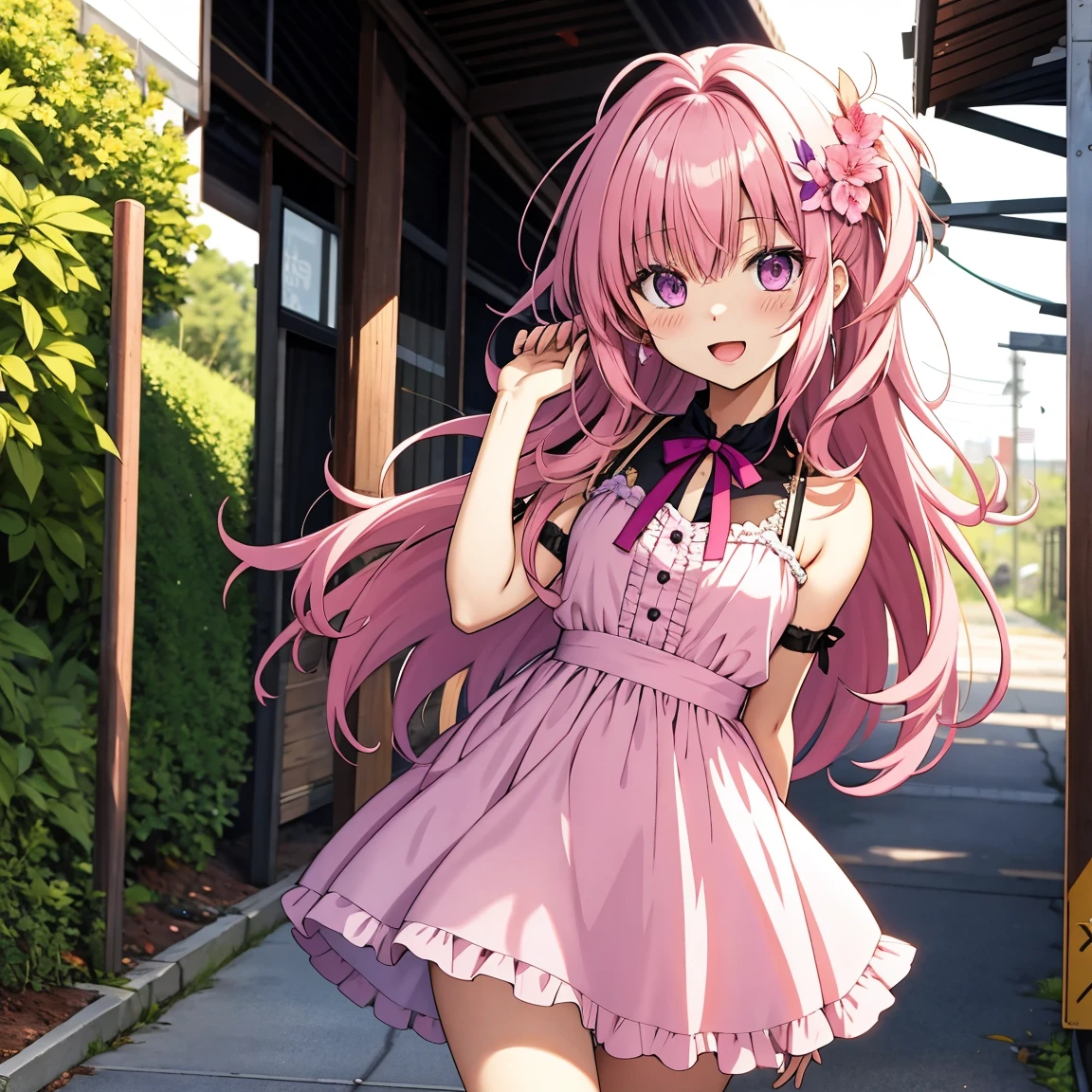 Portrait Art 15。Pink hair。long haired。preated skirt。Camisole。ear ring。Heart-shaped chest。Happy look。Before Donkey。gusts of wind:1.Hair fluttering at 5。Skirt flipping。pantiy、Cute string panties