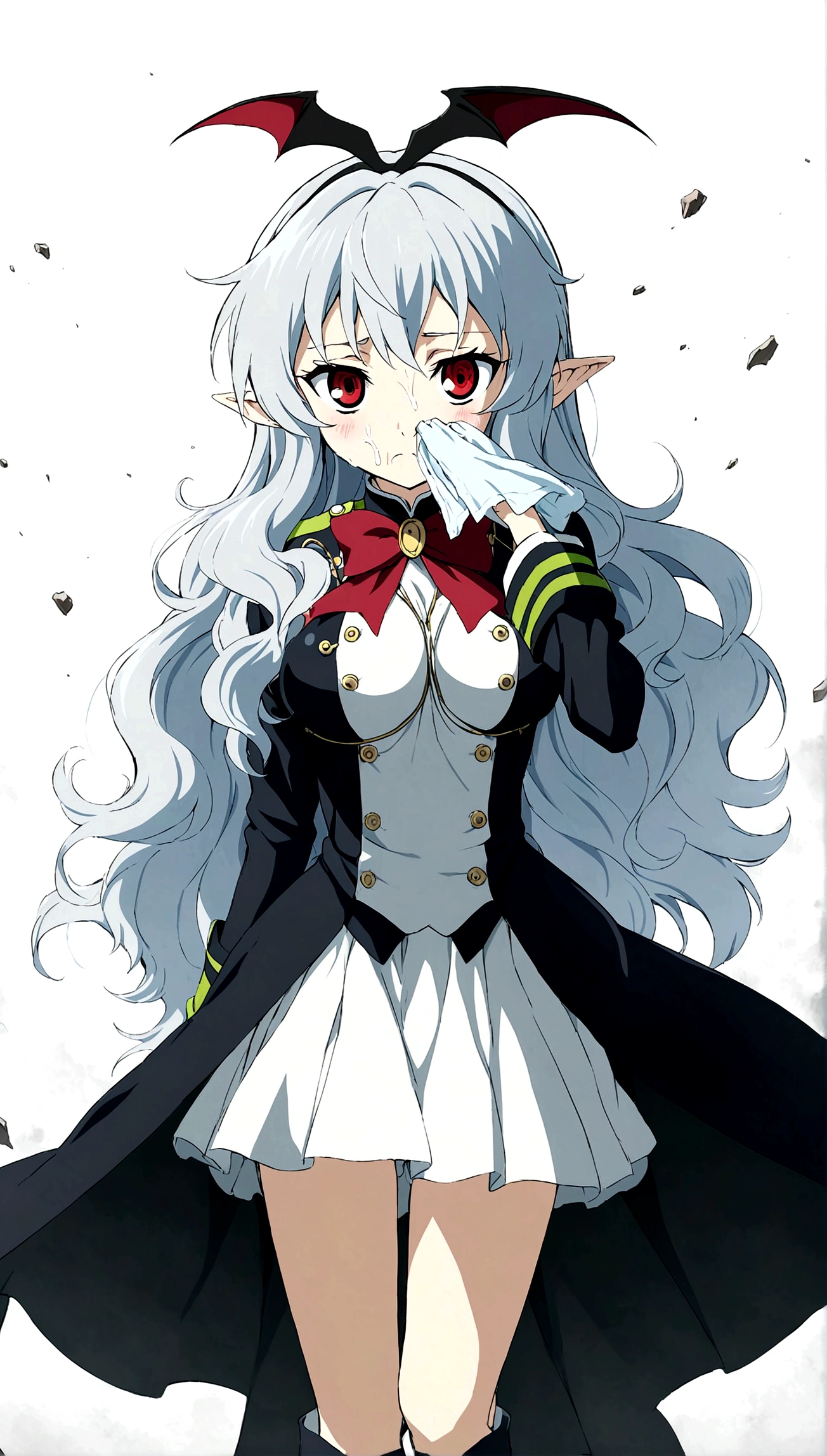 Anime. Owari no Seraph. 1 Girl. Dear . A vampire. Progenitor Clumsy. Silver hair. Wavy hair. Long hair. Red eyes. Beautiful eyes. Perfect eyes. Expressive eyes. Ideal face. Perfect body. Beautiful long ones. legs. Beautiful nose. 18 years. Big breasts. Standing. Full length Beautiful character design. Shiny skin. Pointy ears. White dress. Vampire uniform dress from
Owari no Seraph. Black stockings. Heeled shoes. Rapier in right hand. Cold. Runny nose. Nasal mucus. Snot. Snot flows from the nose. She wants to sneeze. She needs to sneeze. She has a strong, desperate urge to sneeze. She sneezed. Sneezes with snot. sneezes while standing upright. Handkerchief. Hand with a handkerchief near the face. Blows his nose. Ruins of Tokyo. Full body. NSWF. Official art. Extremely detailed CG Unity 8k wallpaper. Ideal lighting. Ultra high resolution 4K. Super detailed 8K. A high resolution.