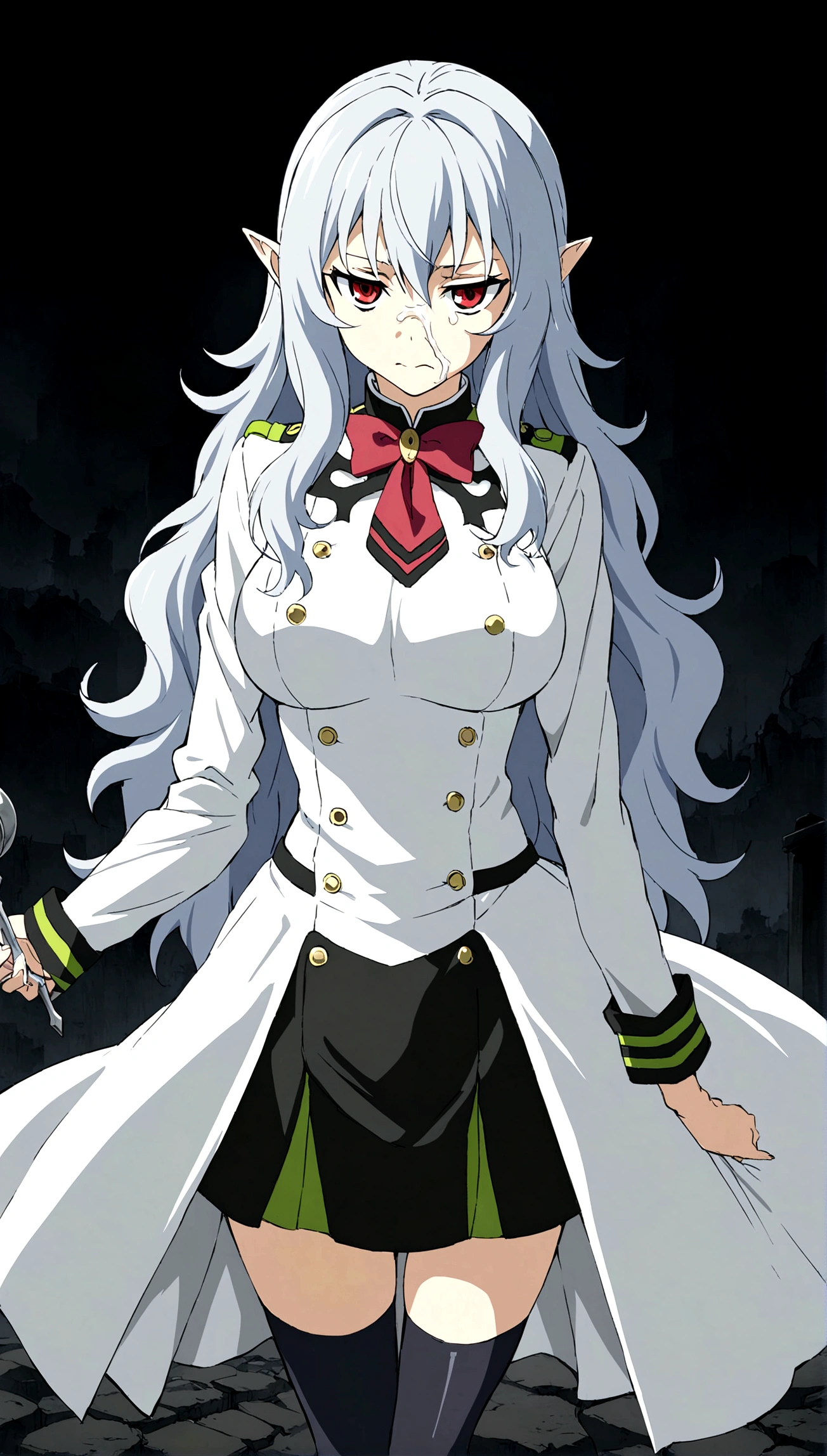 Anime. Owari no Seraph. 1 Girl. Dear . A vampire. Progenitor Clumsy. Silver hair. Wavy hair. Long hair. Red eyes. Beautiful eyes. Perfect eyes. Expressive eyes. Ideal face. Perfect body. Beautiful long ones. legs. Beautiful nose. 18 years. Big breasts. Standing. Full length Beautiful character design. Shiny skin. Pointy ears. White dress. Vampire uniform dress from
Owari no Seraph. Black stockings. Heeled shoes. Rapier in right hand. Cold. Runny nose. Nasal mucus. Snot. Snot flows from the nose. She wants to sneeze. She needs to sneeze. She has a strong, desperate urge to sneeze. She sneezed. Sneezes with snot. sneezes while standing upright. Handkerchief. Hand with a handkerchief near the face. Blows his nose. Ruins of Tokyo. Full body. NSWF. Official art. Extremely detailed CG Unity 8k wallpaper. Ideal lighting. Ultra high resolution 4K. Super detailed 8K. A high resolution.