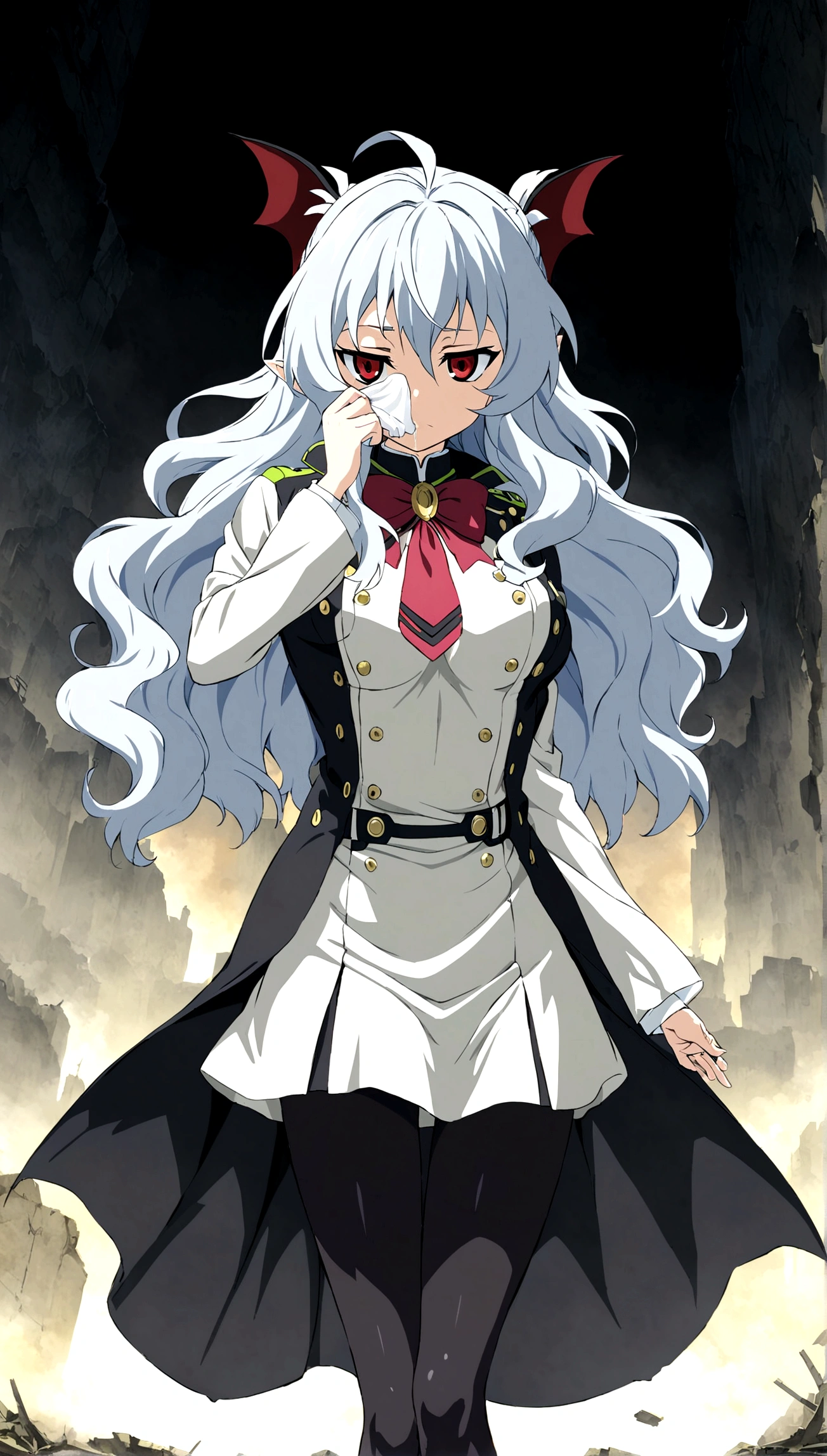 Anime. Owari no Seraph. 1 Girl. Dear . A vampire. Progenitor Clumsy. Silver hair. Wavy hair. Long hair. Red eyes. Beautiful eyes. Perfect eyes. Expressive eyes. Ideal face. Perfect body. Beautiful long ones. legs. Beautiful nose. 18 years. Big breasts. Standing. Full length Beautiful character design. Shiny skin. Pointy ears. White dress. Vampire uniform dress from
Owari no Seraph. Black stockings. Heeled shoes. Rapier in right hand. Cold. Runny nose. Nasal mucus. Snot. Snot flows from the nose. She wants to sneeze. She needs to sneeze. She has a strong, desperate urge to sneeze. She sneezed. Sneezes with snot. sneezes while standing upright. Handkerchief. Hand with a handkerchief near the face. Blows his nose. Ruins of Tokyo. Full body. NSWF. Official art. Extremely detailed CG Unity 8k wallpaper. Ideal lighting. Ultra high resolution 4K. Super detailed 8K. A high resolution.