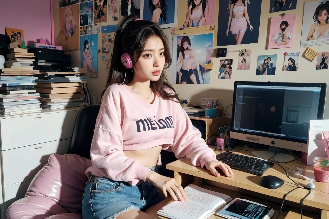 arafed woman in a pink bra top and denim shorts standing in front of a desk with a computer and a monitor, long legs, lofi girl, belle delphine, with headphones, bra and shorts streetwear, There are post-it notes on the wall, the room is very messy, there are many dolls, there are books on the computer table,e - girl, e-girl, pink girl, instagram model, with head phones, cutecore, casual pose, sexy pose, gamer aesthetic, sexy girl