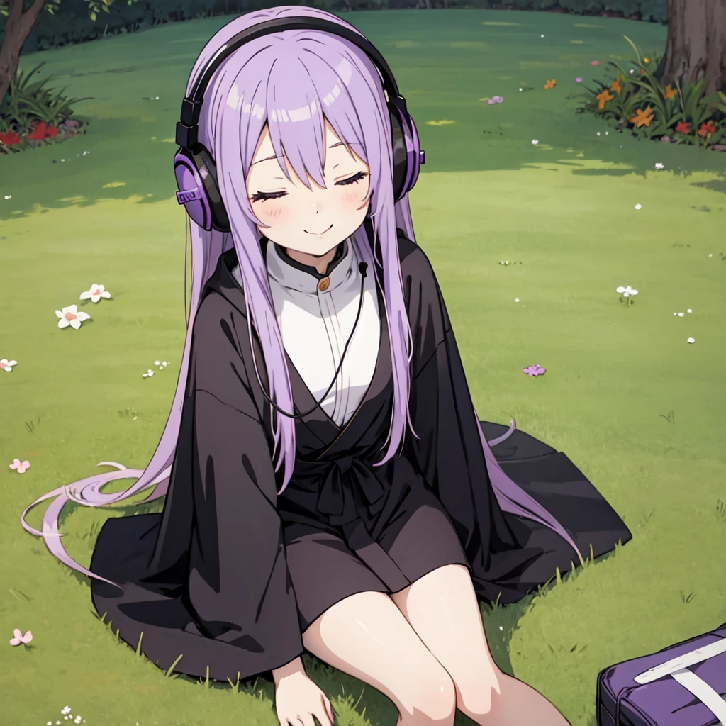 1 person. Anime girl with long purple hair and black robe. Pointy ears. Cute as in manga. Sitting on grass with eyes closed. Headphones.