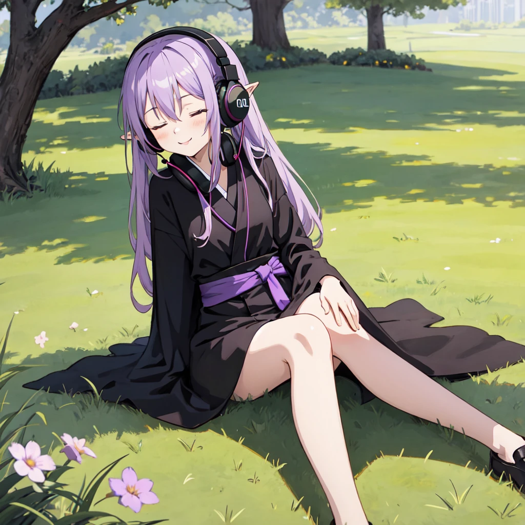 1 person. Anime girl with long purple hair and black robe. Pointy ears. Cute as in manga. Sitting on grass with eyes closed. Headphones.