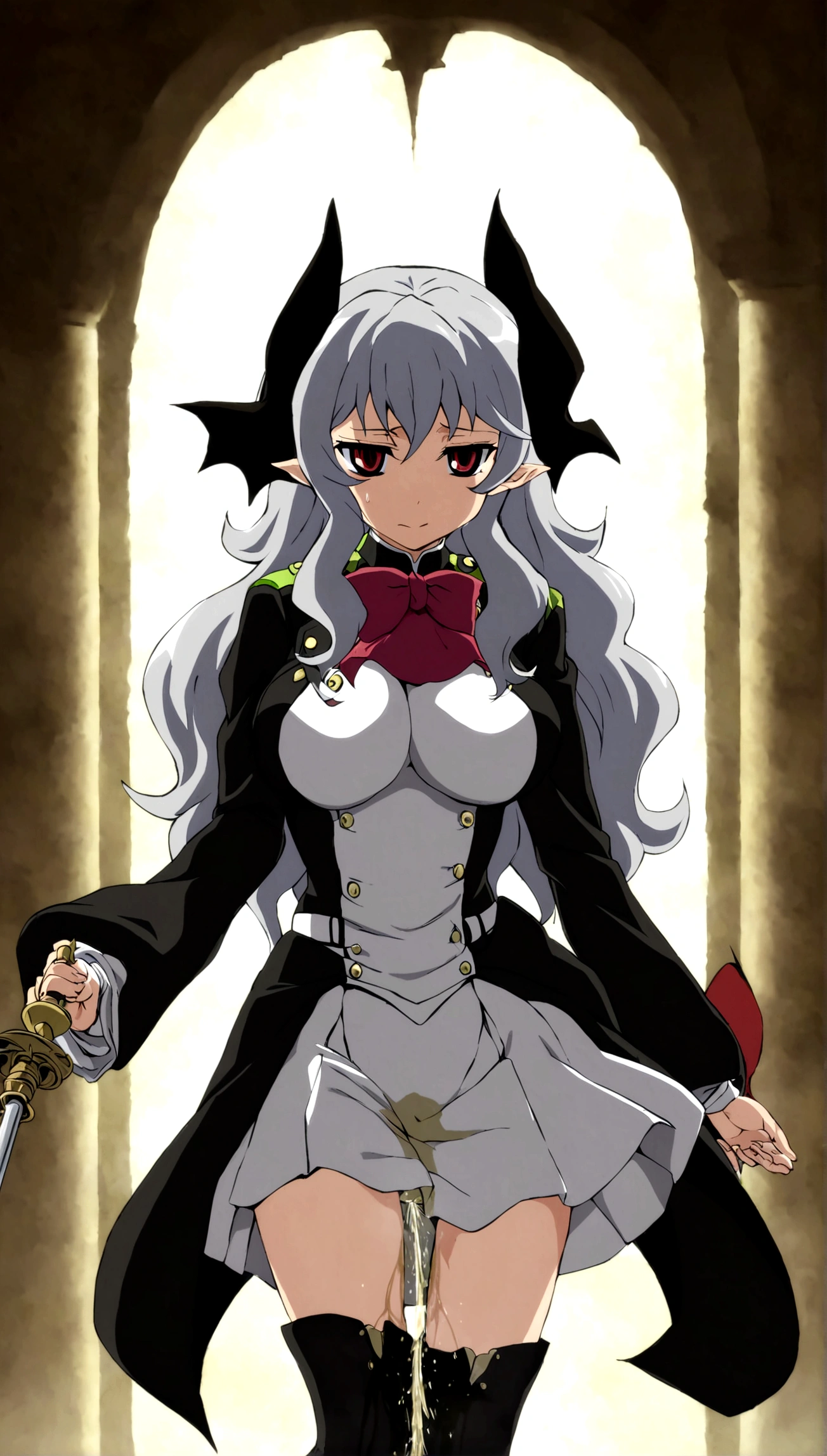 Anime. Owari no Seraph. 1 Girl. Dear . A vampire. Progenitor Clumsy. Silver hair. Wavy hair. Long hair. Red eyes. Beautiful eyes. Perfect eyes. Expressive eyes. Ideal face. Perfect body. Beautiful long ones. legs. Beautiful nose. 18 years. Big breasts. Standing. Full length Beautiful character design. Shiny skin. Pointy ears. White dress. Vampire uniform dress from
Owari no Seraph. Black stockings. Heeled shoes. Rapier in right hand. Urinary incontinence. She wants to pee. She needs to pee. She has a strong, desperate urge to pee. Hand on crotch. He squeezes his crotch tightly. Rubs the crotch. The girl can't stand straight. Knees together, feet apart. Lighting it up slightly. Slight lean forward. She peed herself. Urine runs down my thighs. Ruins of Tokyo. Full body. NSWF. Official art. Extremely detailed CG Unity 8k wallpaper. Ideal lighting. Ultra high resolution 4K. Super detailed 8K. A high resolution.