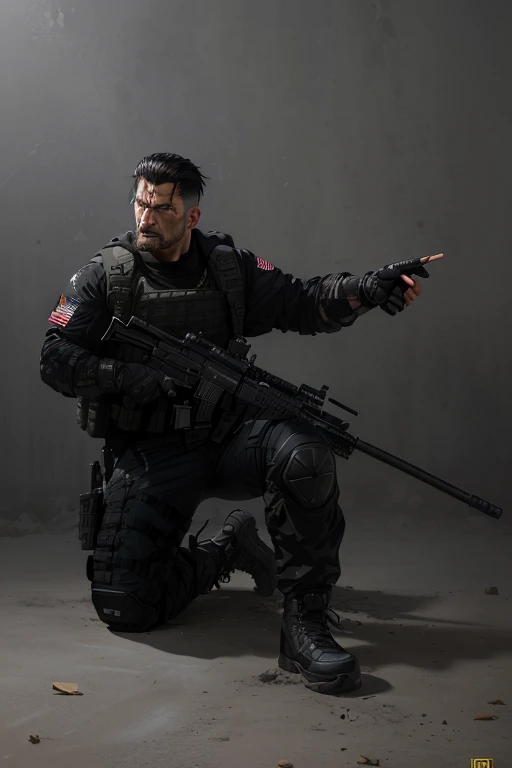 Frank Castle, The Punisher, with Ballistic Operational Military Tactical Modular Vest (( black with a large The Punisher skull printed on the chest )), (( ACU MILITARY UNIFORM black WITH KNEE PADS )), (( Military Tactic Paintball Gloves Half Finger Microfiber Black )), (( dog tag )), (( Red Dragon Motocross Knee Pad )), (( Military Boots in Leather and Canvas Cordura Extra Light Military Tactical Bmbrasil Black )), (( Hammer PRO Belica Waist Holster )), angry, black hair, short hair, cinematic lighting, Hyperrealism, multiple views, Nikon, lens flare, image fill, panorama, masterpiece, textured skin, highres, 8K
