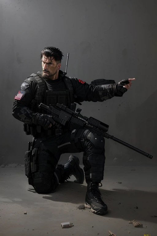 Frank Castle, The Punisher, with Ballistic Operational Military Tactical Modular Vest (( black with a large The Punisher skull printed on the chest )), (( ACU MILITARY UNIFORM black WITH KNEE PADS )), (( Military Tactic Paintball Gloves Half Finger Microfiber Black )), (( dog tag )), (( Red Dragon Motocross Knee Pad )), (( Military Boots in Leather and Canvas Cordura Extra Light Military Tactical Bmbrasil Black )), (( Hammer PRO Belica Waist Holster )), angry, black hair, short hair, cinematic lighting, Hyperrealism, multiple views, Nikon, lens flare, image fill, panorama, masterpiece, textured skin, highres, 8K