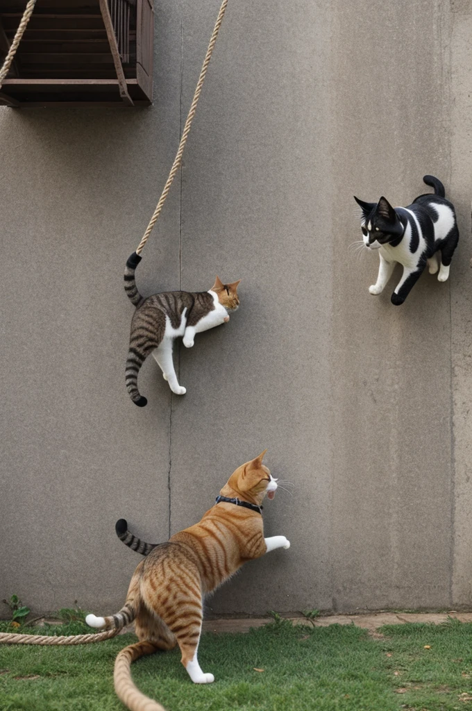 A cat is climbing a wall and a dog with a rope.