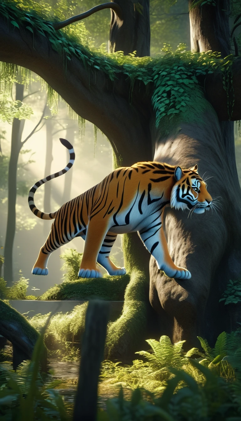 There is a wild beast in the forest,The body of a tiger,The tail of the cow(best quality,4K,8K,High level,masterpiece:1.2),Ultra Detailed,(lifelike,Photo real,Photo real:1.37),Highly detailed animals,Complex patterns,Realistic lighting,Fantasy Creatures