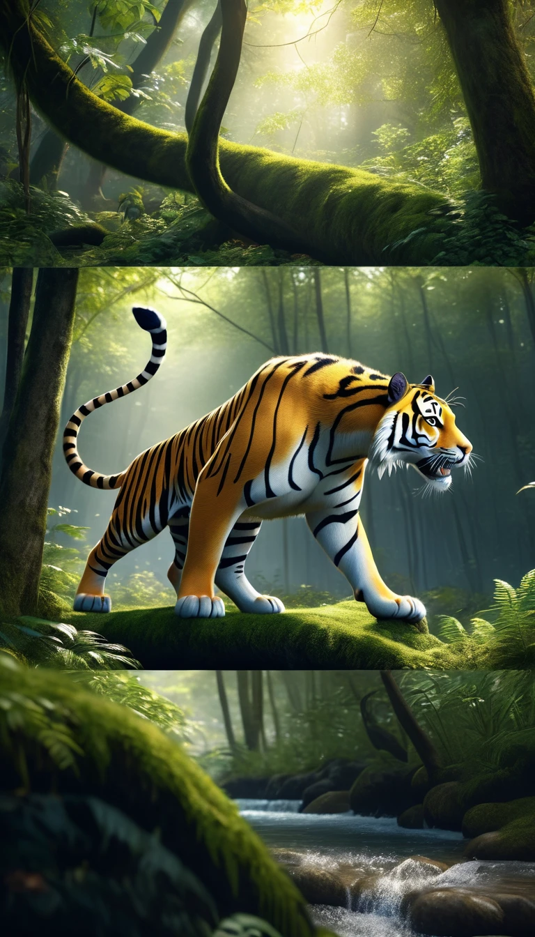 There is a wild beast in the forest，The body of a tiger，The tail of the cow（best quality，4K，8K，High level，masterpiece：1.2），Ultra Detailed，（lifelike，Photo real，Photo real：1.37），Highly detailed animals，Complex patterns，Realistic lighting，Fantasy Creatures