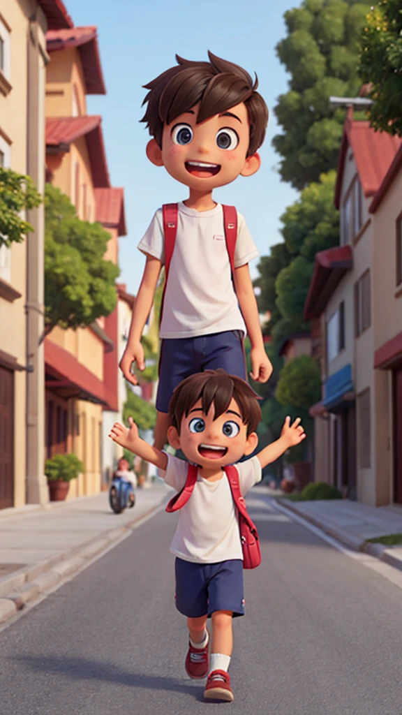 A boy was happily walking on the road when suddenly he met one of hiA boy was happily walking on the road when suddenly he met one of his friends.