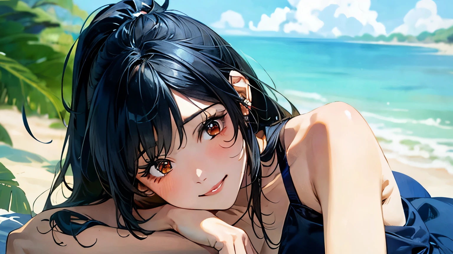 1 girl, solo, hot summer day, after bath, sitting in front of fan, towel around neck, indian style, short black hair, {{drops from hair:1.5}}, bright pink eyes, pink lips, black tank top, cloth gray shorts