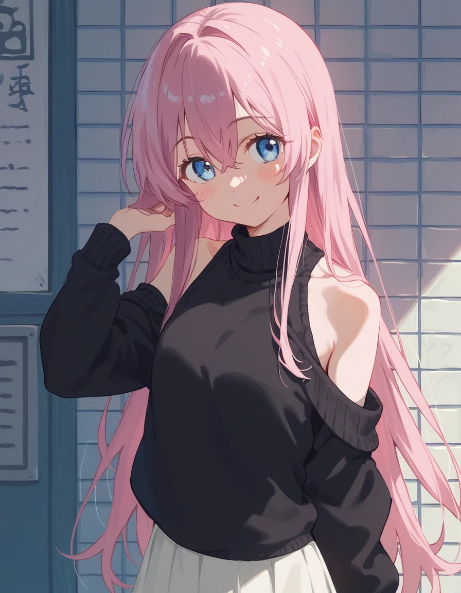 One girl, Shikimori-san, Pink Hair, Long Hair, blue eyes, Hair between the eyes, bangs, blush, compensate, smile, chest, Black sweater, Bare shoulders, No sleeve, skirt, View your viewers, masterpiece, Highest quality,skirtをたくし上げる,