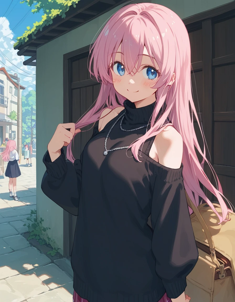 One girl, Shikimori-san, Pink Hair, Long Hair, blue eyes, Hair between the eyes, bangs, blush, compensate, smile, chest, Black sweater, Bare shoulders, No sleeve, skirt, View your viewers, masterpiece, Highest quality,skirtをたくし上げる,