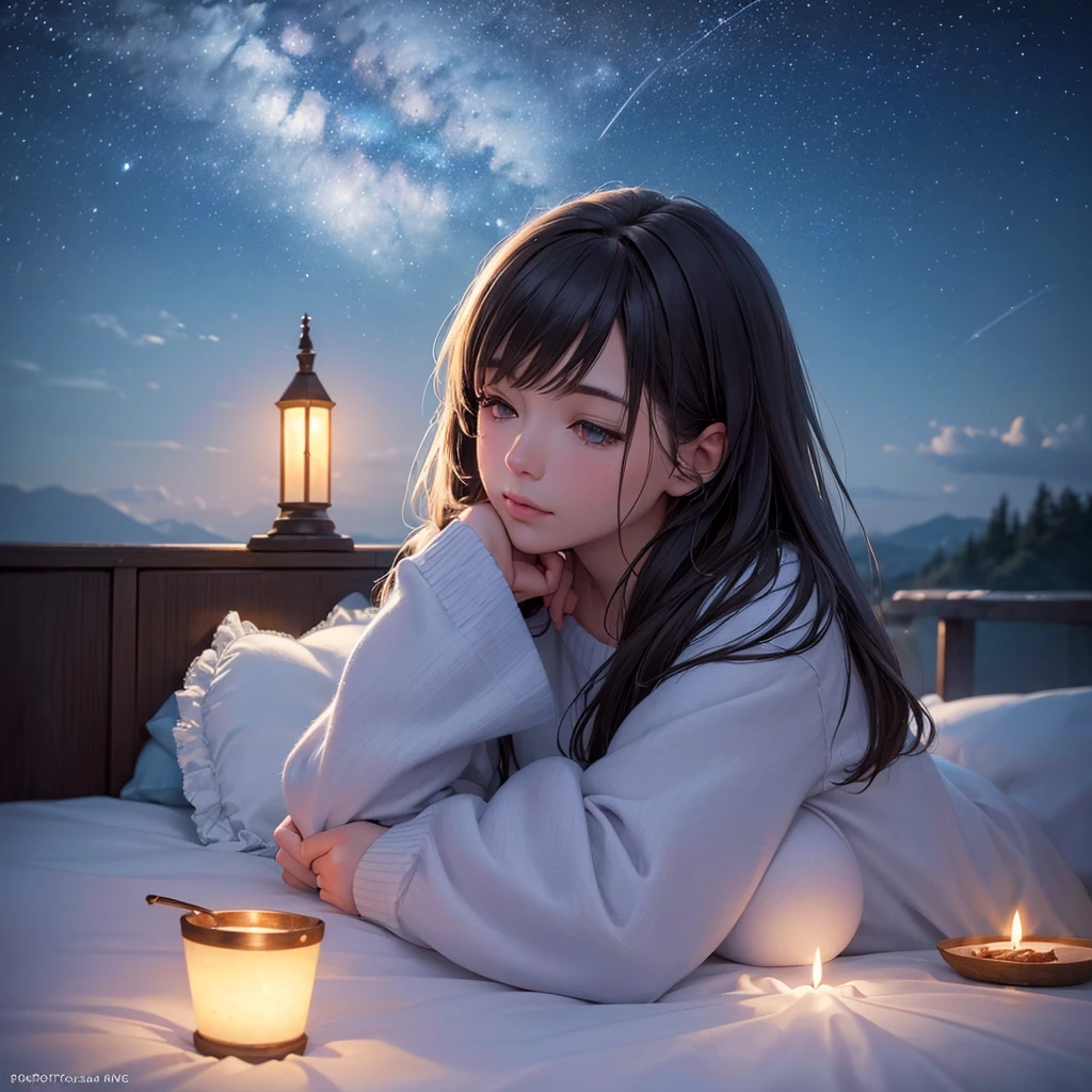 magical night sky, mystical moon, twinkling stars, wispy clouds, serene landscape, peaceful atmosphere, warm candlelight, cozy cottage, dreamlike quality, calming color palette, muted tones, soft focus, digital painting, highly detailed, cinematic composition, atmospheric lighting, (best quality,4k,8k,highres,masterpiece:1.2),ultra-detailed,(realistic,photorealistic,photo-realistic:1.37)