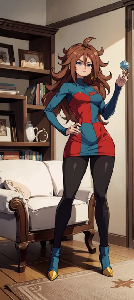 android 21, cups, pose lateral, She is sideways to the spectator, long brown hair, blue colored eyes, plaid dress, pantyhose, looking to the side, pose lateral, standing, ele está standing, serious, legs spread open, livingroom, light bulb, high qualiy, work of art, legs thick, big-ass, body healed,