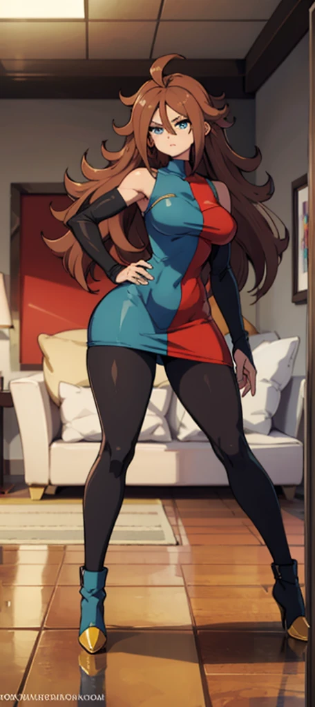 android 21, cups, pose lateral, She is sideways to the spectator, long brown hair, blue colored eyes, plaid dress, pantyhose, looking to the side, pose lateral, standing, ele está standing, serious, legs spread open, livingroom, light bulb, high qualiy, work of art, legs thick, big-ass, body healed,