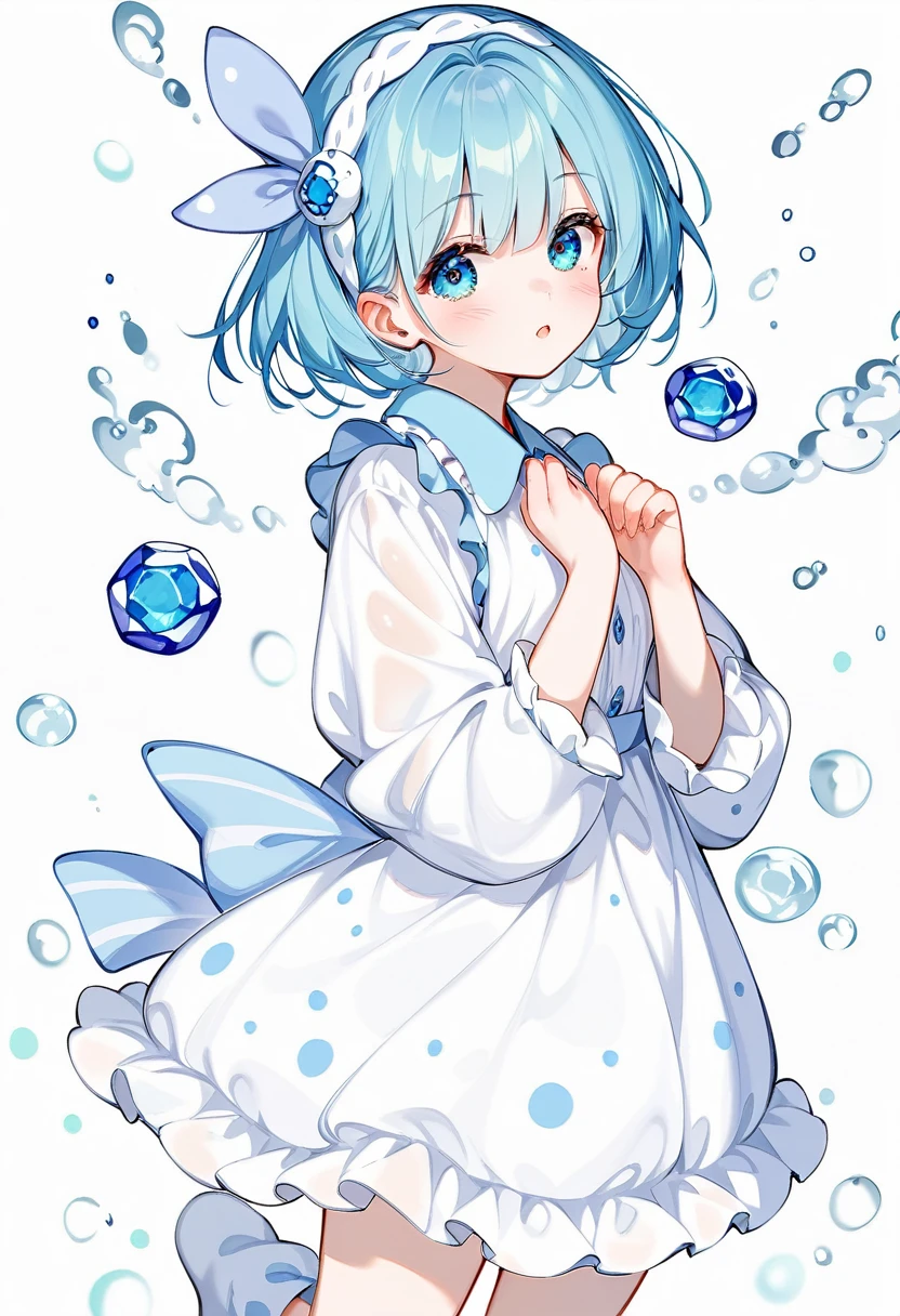 Girl playing with soap bubbles、Cute ruffled pajamas、sleepwear dress、pastel colour、Very bright blue、short hair、hair band、Blue Hair、Dreamy illustration、The feeling of handwriting、consist of the same color、Cool composition、high quality、Written boundary depth、Jewel Eyes、A gentle touch、Watercolor-like haze、Decorated with lavender flowers、Transparency