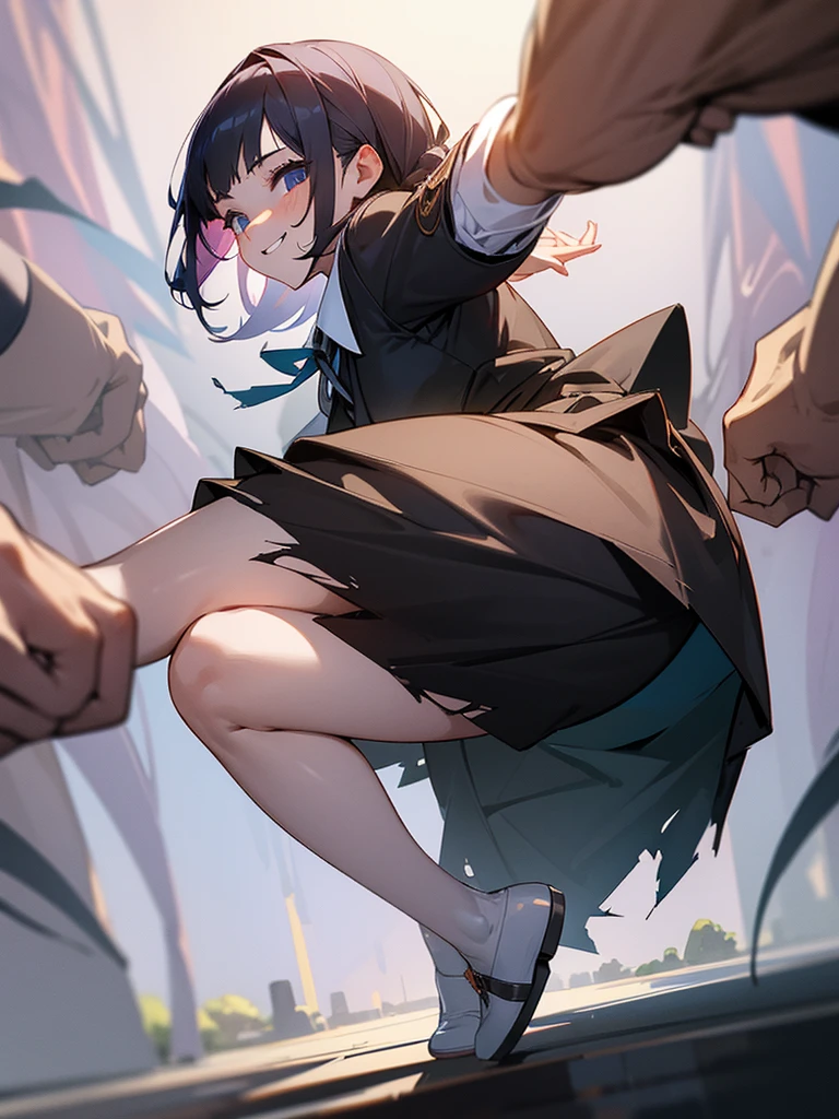 A young girl in , your skirt is torn causing your ass to show, many men are around her with a mischievous smile trying to touch the young girl&#39;s ass. She&#39;s dying of shame.