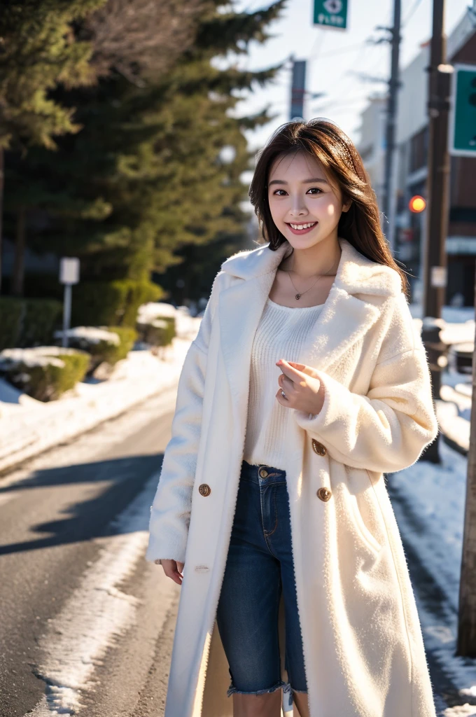 ulzzang-6500-v1.1, (RAW Photos:1.2), (Photorealistic), Beautiful detailed girl, (Genuine: 1.4), Very detailed目と顔, Beautiful and fine details, ((walk on a snow-covered road:1.3)), ((elegant long coat:1.3))、Selfie、Instagram、 Huge file sizes, High resolution, Very detailed, Highest quality, [masterpiece:1.6], Awareness-raising, Very detailed, Hmph, In detail, Highest quality, 8k wallpaper, Cinema Lighting, One Girl, 17 years old, Perfect figure, Cute droopy eyes、Beautiful big eyes、 ((masterpiece)), Highest quality, One Girl, eye shadow,  Portraiture, ((Full Body Shot:1.4))、(A very loving smile:1.2)、Realistic skin texture、Glowing Skin、Exposed thighs!!!
