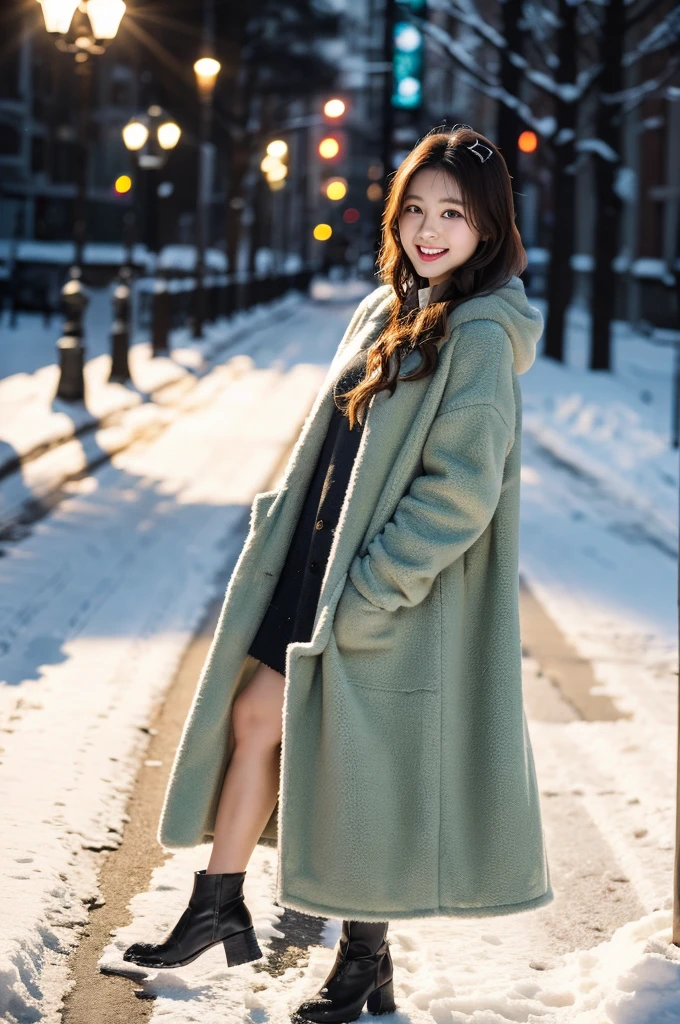 ulzzang-6500-v1.1, (RAW Photos:1.2), (Photorealistic), Beautiful detailed girl, (Genuine: 1.4), Very detailed目と顔, Beautiful and fine details, ((walk on a snow-covered road:1.3)), ((elegant long coat:1.3))、Selfie、Instagram、 Huge file sizes, High resolution, Very detailed, Highest quality, [masterpiece:1.6], Awareness-raising, Very detailed, Hmph, In detail, Highest quality, 8k wallpaper, Cinema Lighting, One Girl, 17 years old, Perfect figure, Cute droopy eyes、Beautiful big eyes、 ((masterpiece)), Highest quality, One Girl, eye shadow,  Portraiture, ((Full Body Shot:1.4))、(A very loving smile:1.2)、Realistic skin texture、Glowing Skin、Exposed thighs!!!