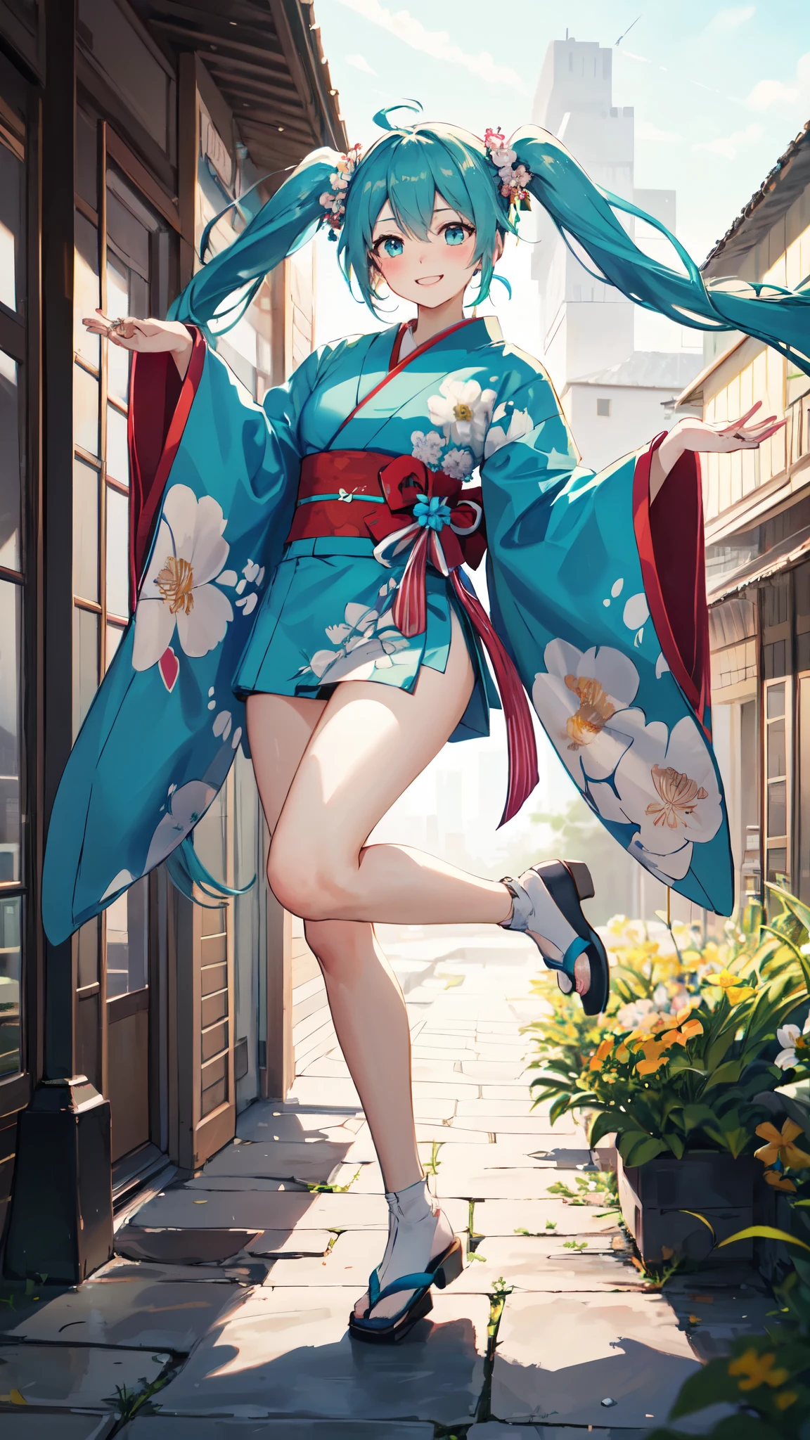 best quality, masterpiece, high resolution, solitary, (Hatsune_future_Blue File:1.10), 1 girl, Wide sleeves, Long sleeve, Looking at the audience, Heart, blush, flowering, Smile, outdoor, Floral, White Kimono, Residence, Printed Kimono, 14 ，Dance，full-body shot