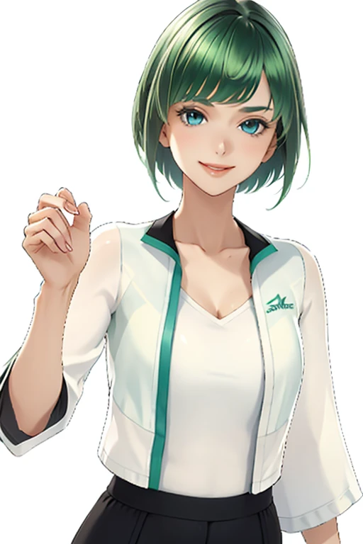 outdoor,at night,green hair,Emerald hair,short hair,short hair,bright face,upper body up,chest up,business woman,intellectual,smile,white jacket,laughter,30 years,drooling eyes, alone,know,Flow of hair that extends to the face,bangs between eyeliner hair,High resolution, Bright and clear, Big light blue eyes shine charmingly,green one piece,eyeliner,Shining white skin,beautiful bangs, (Beautiful quality with attention to detail), (super detailed), (wallpaper), (detailed face), (High resolution), (In 8K), (very detailed), (Best figure), (Beautiful quality with attention to detail), (super detailed), (wallpaper), (detailed face)