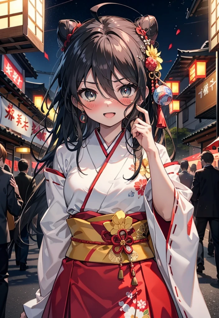 Shana,灼眼のShana,Long Hair, Redhead, Red eyes,Ahoge,smile,blush,Open your mouth,Hair Bun, single Hair Bun,blush,Red Kimono,Thick sleeves,Red long skirt,日本のfestival,夏festivalの屋台,Red lantern,　　　　　　　　　　　break looking at viewer, Upper Body,  　　　　　　　break outdoors, shrine,festival, 　　　　　　　　　　　　　break (masterpiece:1.2), Highest quality, High resolution, unity 8k wallpaper, (shape:0.8), (Beautiful and beautiful eyes:1.6), Highly detailed face, Perfect lighting, Highly detailed CG, (Perfect hands, Perfect Anatomy),