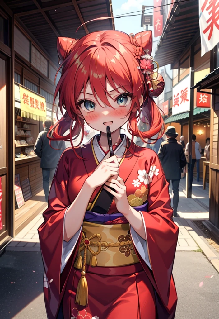 Shana,灼眼のShana,Long Hair, Redhead, Red eyes,Ahoge,smile,blush,Open your mouth,Hair Bun, single Hair Bun,blush,Red Kimono,Thick sleeves,Red long skirt,日本のfestival,夏festivalの屋台,Red lantern,　　　　　　　　　　　break looking at viewer, Upper Body,  　　　　　　　break outdoors, shrine,festival, 　　　　　　　　　　　　　break (masterpiece:1.2), Highest quality, High resolution, unity 8k wallpaper, (shape:0.8), (Beautiful and beautiful eyes:1.6), Highly detailed face, Perfect lighting, Highly detailed CG, (Perfect hands, Perfect Anatomy),