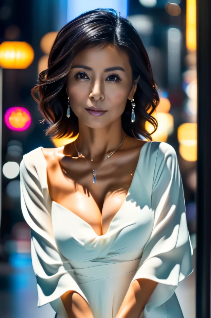 cinematic, Blue hour, (((Ultimate ultra Photorealistic, ultimate high-quality 32k photo))),(((An American shot photo, crossed arms, a36yo ultimate beautiful &cute Japanese actress:))),(((She has a very intelligent and ultimate beautiful Japanese face&black eyes, pointy nose, ultra detailed face, oval face, blushing cheeks, ultimate well-proportioned face with))),((black elegant wet short middle bob, light naturally makeup)),(((She has the ultimately perfect nice&Sensual proportions, very just fitted v-neck half sleeve white elegant business buttonless Open-collar blouses , white beautiful ultimate realistic glossy wet Japanese lady Fair and beautiful skin , A simple and modest silver necklace,Stormy Summer very Humid and Hot very dark Night ,Tokyo business night street)))