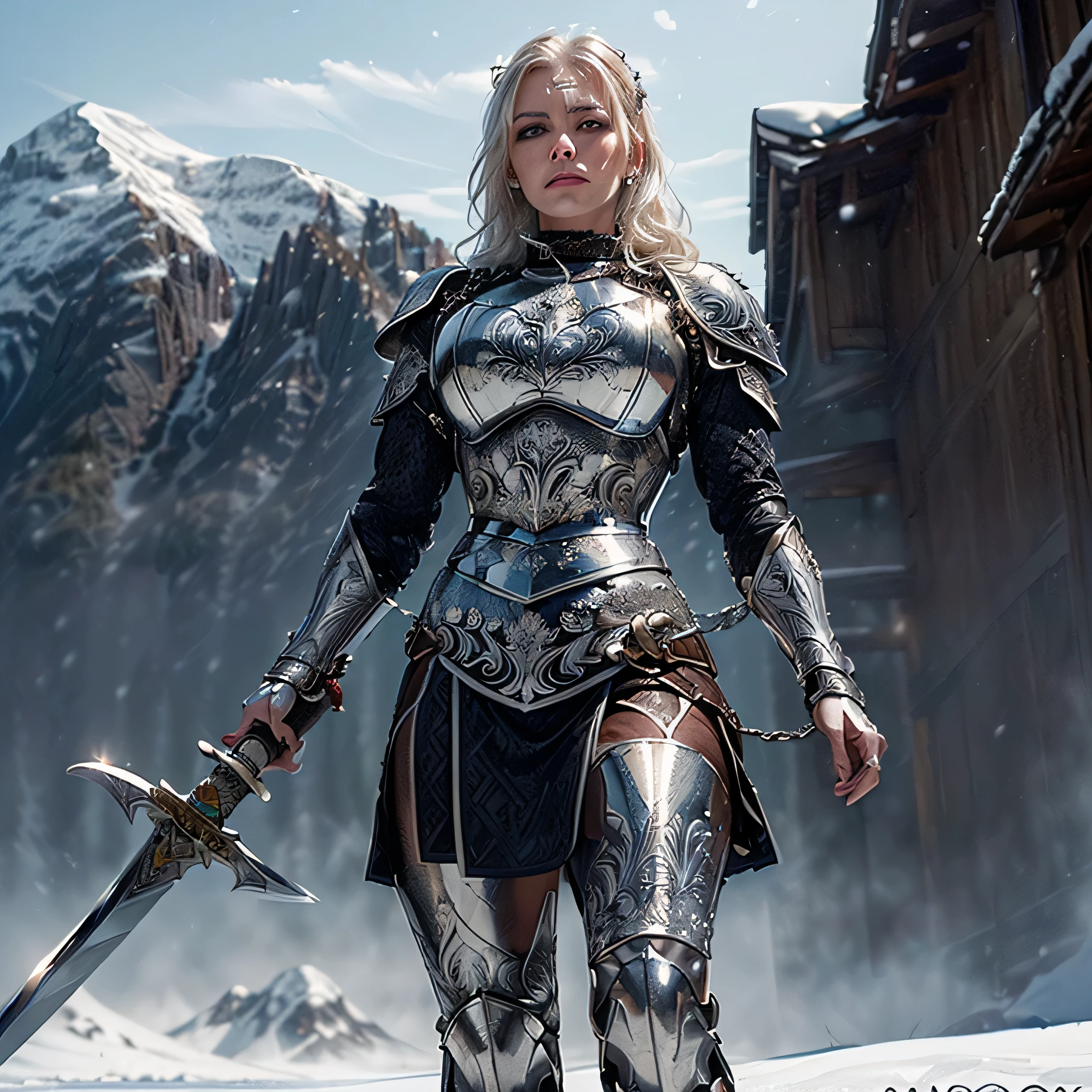 (masterpiece, photorealistic:1.4, extremely intricate:1.3), (photon mapping, radiosity, physically based rendering, ultra resolution, hyper-realistic, 8K), ((gigantic mature female bodybuilder frost giant, long braided [silver hair:blonde hair:0.6], ((((ONE gigantic white frost sword, glowing, engraved)))), tattoo:1.2, pale grey blue skin, ((perfectchainmail, medieval etched white chrome breastplate armor:1.2, from below, upper torso), chain jewelry))), (((outdoor tundra, snow, plains, faraway snow covered mountain peaks, frost mist breath)