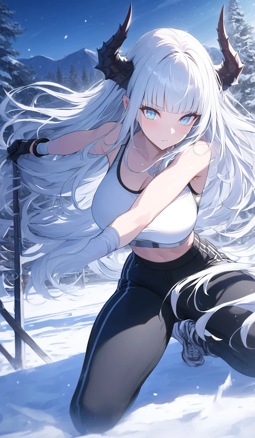 Masterpiece, very detailed, ultra detailed, one, (1 woman), athletic body, six press packages, relief press, she in a white sports bra and tight black jeans, in a stable and fighting position, long hair, straight hair and straight bangs, bright white hair, bright snow demonic horns, with large breasts, beautiful, charming, light blue eyes, elegant, neutral face, charming, charming, against the background of nature and mountains.