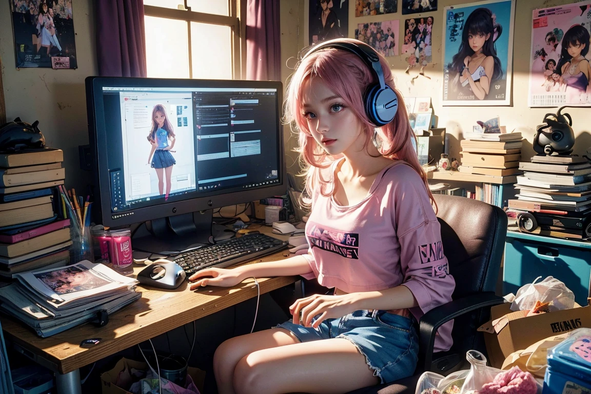 arafed woman in a pink bra top and denim shorts standing in front of a desk with a computer and a monitor, long legs, lofi girl, belle delphine, with headphones, bra and shorts streetwear, There are post-it notes on the wall, the room is very messy, there are many dolls, there are books on the computer table,e - girl, e-girl, pink girl, instagram model, with head phones, cutecore, casual pose, sexy pose, gamer aesthetic, sexy girl