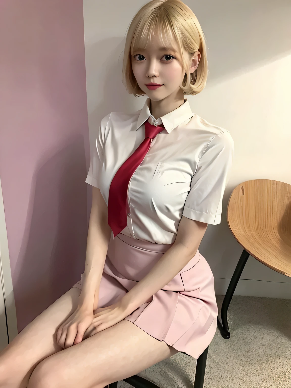 One person、11 years old、Full body photo,slender、woman、White drool coming out of the mouth、smile、、Blonde、Short Bob Hair、 Fair skinned and super cute、Soft and Face、8K resolution、Surreal、Ultra high definition、 A-cup small breasts((Highest resolution、8K、masterpiece:1.3))、Ultra-fine face、Ultra Fine Lips、Beautiful Eyes、double eyelid,Pink wall、Red tie、White shirt、Yellow Skirt、Thighs、thin,Thighsが見える、Shapely small breasts、sexy、So cute!,Sitting in a chair、Thighsが見える、
