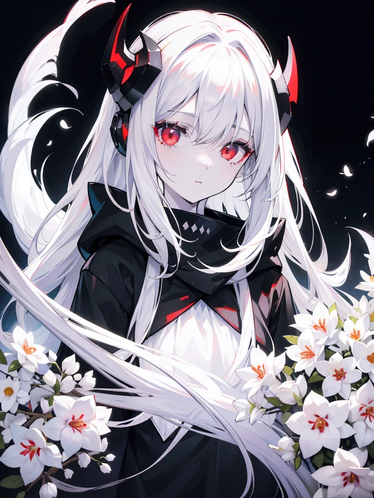 Pale skin, White hair, Black hoodie, flowers in head, double tails, , Solo,{{Best quality}}, {{Masterpiece}}, {{Ultra-detailed}}, {illustration}, {Detailed light}, Red eyes，