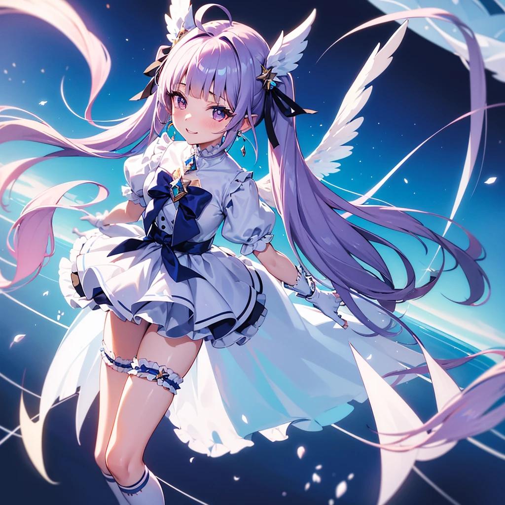 This character is a beautifully designed anime-like character with delicate features. She has long pastel purple hair that flows down to her ankles, and her bangs are swept to the side. Her eyes are large and expressive, with pink irises often seen on anime-style characters. She wears a fantasy-inspired outfit that combines purple and black colors with gold accents. The outfit includes a fitted bodice with a high collar, ruffles, lace detailing, and ribbon-knit thigh-high stockings. Characters are decorated with ribbon-like accessories, such as large ribbons in their hair and small ribbons in their costumes. She also has gold chains dangling from her hips and thighs. She is wearing a swimsuit, which often features frills and purple. It was midnight, and the darkness of the night highlighted the yellow stars. Her back is one-sided with angel wings.
