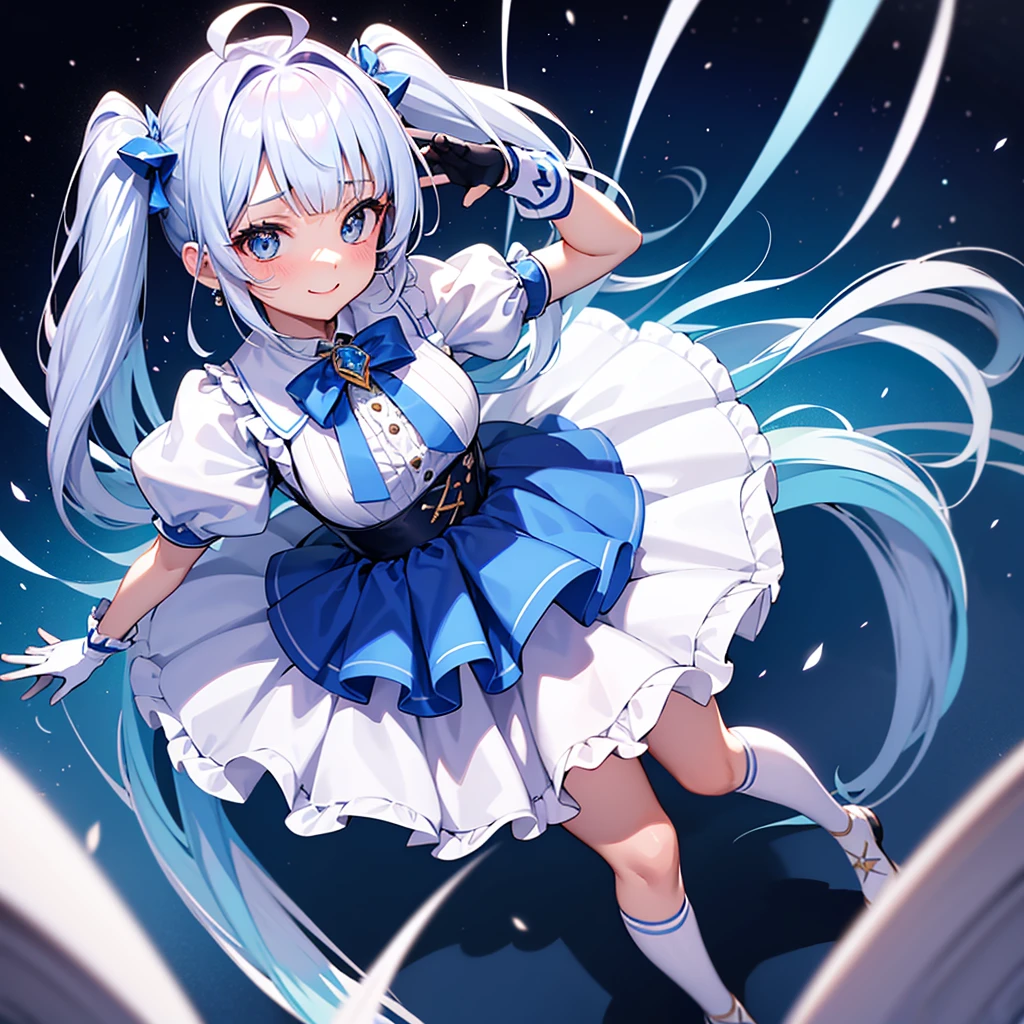 masterpiece, Highest quality, Looking_in_Audience, Happy, Are standing, From above,
One girl, Cure Sky,
dress, Twin tails, Gradient Hair, Ahoge, Blunt bangs, Wings on the head, Fingerless gloves, White shirt, Puffy sleeves, Cape, Knee socks, blue legwear, gem, Single earring,