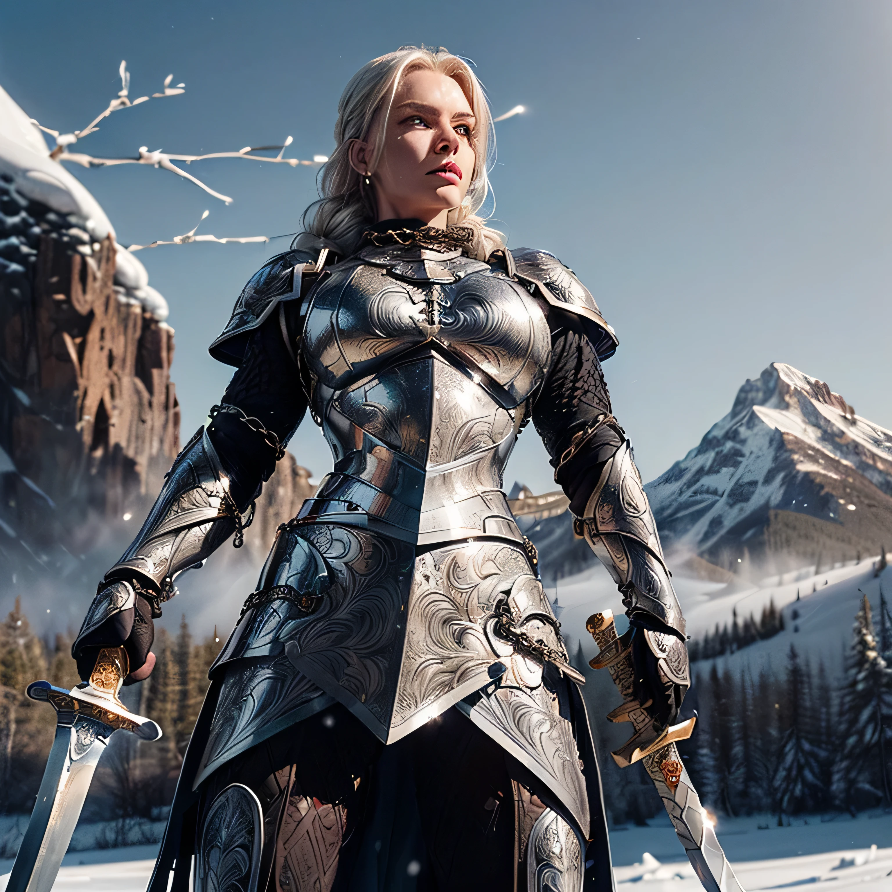(masterpiece, photorealistic:1.4, extremely intricate:1.3), (photon mapping, radiosity, physically based rendering, ultra resolution, hyper-realistic, 8K), ((gigantic mature female bodybuilder frost giant, long braided [silver hair:blonde hair:0.6], ((((ONE gigantic white frost sword, glowing, engraved)))), tattoo:1.2, pale grey blue skin, ((perfectchainmail, medieval etched white chrome breastplate armor:1.2, from below, upper torso), chain jewelry))), (((outdoor tundra, snow, plains, faraway snow covered mountain peaks, frost mist breath)