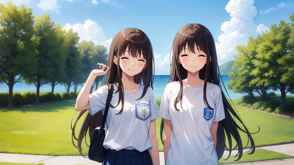 Masterpiece,high school,smile,Are standing,Put your hands behind your back,close your eyes,1 ,Long Hair,Brown Hair,はにかんだsmile0.5,White,high ,cute,White skin,summer,blue sky,couple,2 only people,boy and girl